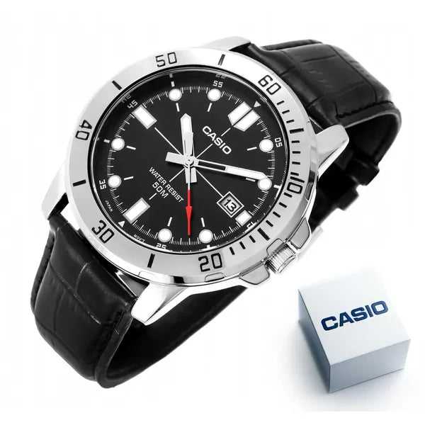 Casio MTP-VD01L-1EV férfi karóra, fekete bőr, 44 mm, WR50, dátum