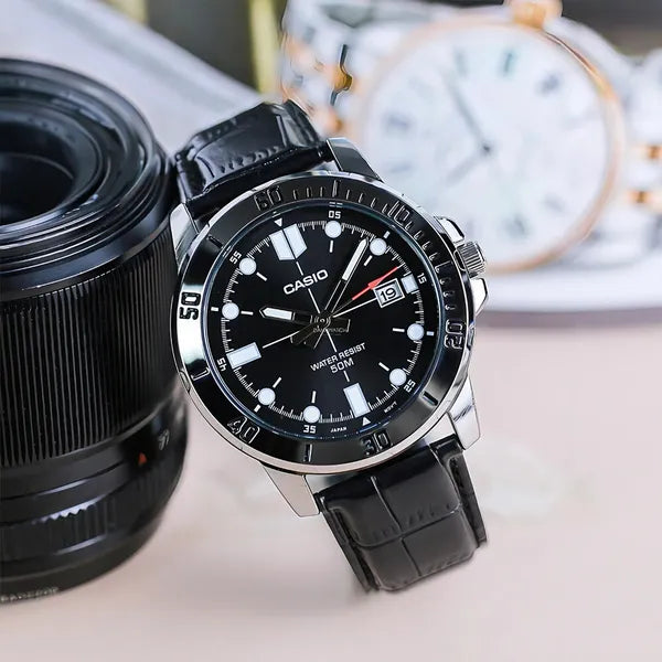 Casio MTP-VD01L-1EV férfi karóra, fekete bőr, 44 mm, WR50, dátum