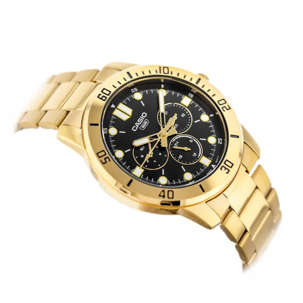 Casio MTP-VD300G-1EUDF férfi karóra, arany acélszíj, fekete számlap, 44 mm