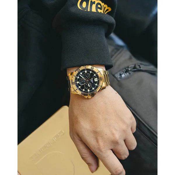 Casio MTP-VD300G-1EUDF férfi karóra, arany acélszíj, fekete számlap, 44 mm
