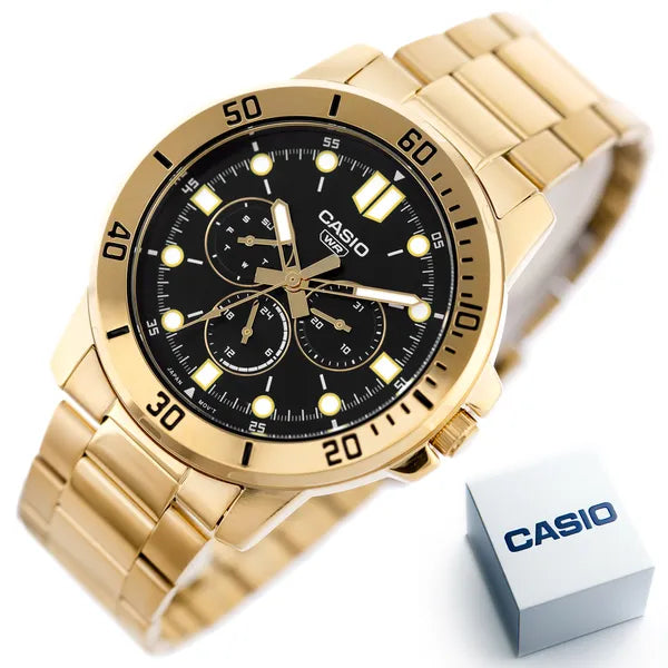 Casio MTP-VD300G-1EUDF férfi karóra, arany acélszíj, fekete számlap, 44 mm