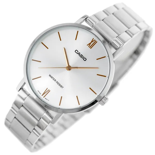 Casio MTP-VT01D-7BUDF férfi kvarc karóra, acél szíj, 40 mm, WR30, ezüst