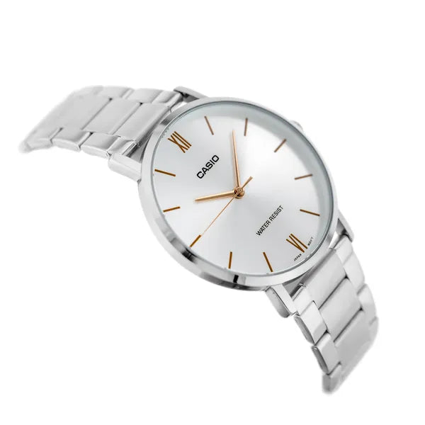 Casio MTP-VT01D-7BUDF férfi kvarc karóra, acél szíj, 40 mm, WR30, ezüst