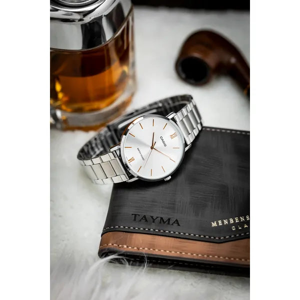 Casio MTP-VT01D-7BUDF férfi kvarc karóra, acél szíj, 40 mm, WR30, ezüst