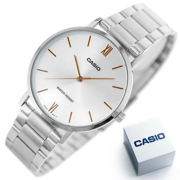 Casio MTP-VT01D-7BUDF férfi kvarc karóra, acél szíj, 40 mm, WR30, ezüst