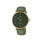 Casio MTP-VT01GL-3B férfi karóra, zöld számlap, bőr szíj, WR30, 40 mm