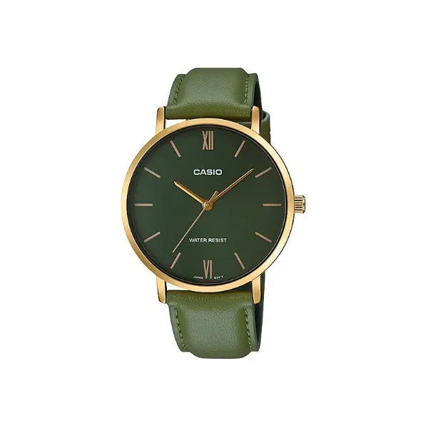 Casio MTP-VT01GL-3B férfi karóra, zöld számlap, bőr szíj, WR30, 40 mm