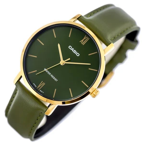 Casio MTP-VT01GL-3B férfi karóra, zöld számlap, bőr szíj, WR30, 40 mm