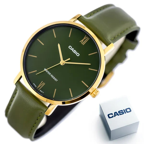 Casio MTP-VT01GL-3B férfi karóra, zöld számlap, bőr szíj, WR30, 40 mm