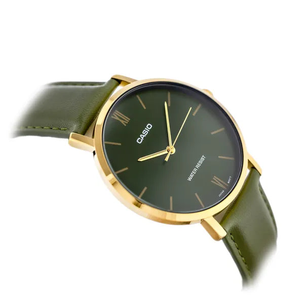 Casio MTP-VT01GL-3B férfi karóra, zöld számlap, bőr szíj, WR30, 40 mm