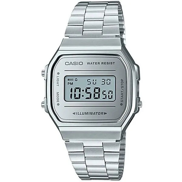 Casio A168WEM-7EF uniszex digitális óra, ezüst, hálós acélszíj, WR30, díszdoboz