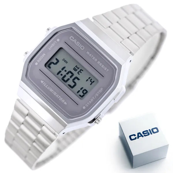 Casio A168WEM-7EF uniszex digitális óra, ezüst, hálós acélszíj, WR30, díszdoboz