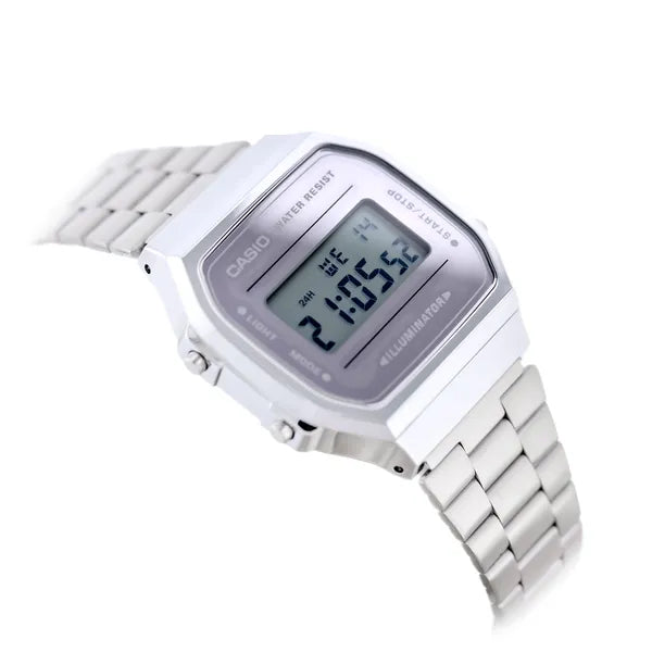 Casio A168WEM-7EF uniszex digitális óra, ezüst, hálós acélszíj, WR30, díszdoboz