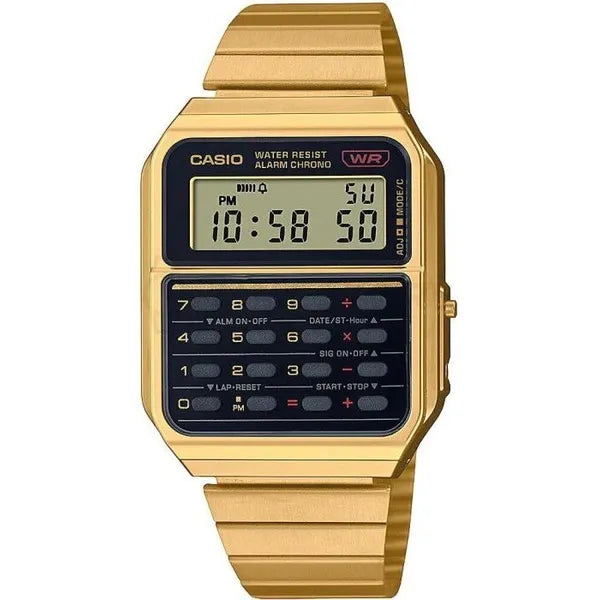 Casio CA-500WEG-1AEF férfi kalkulátoros digitális óra, arany acél, WR30