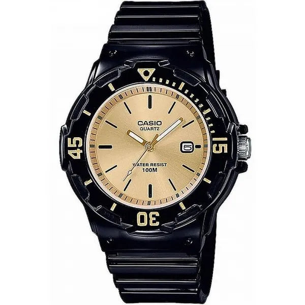 Casio női karóra, kvarc, 100 m vízálló, 39 mm, fekete szíj, arany számlap