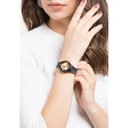 Casio női karóra, kvarc, 100 m vízálló, 39 mm, fekete szíj, arany számlap