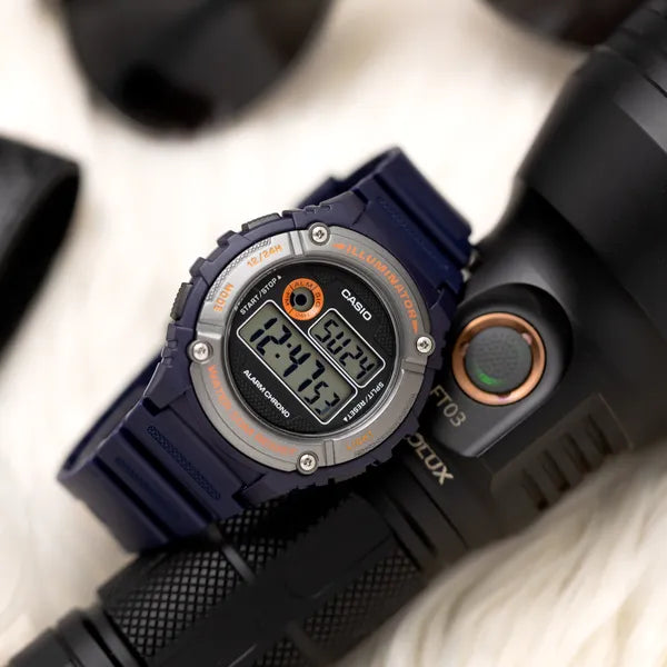 Casio W-216H-2BVDF férfi digitális karóra, sötétkék, WR50, dobozzal