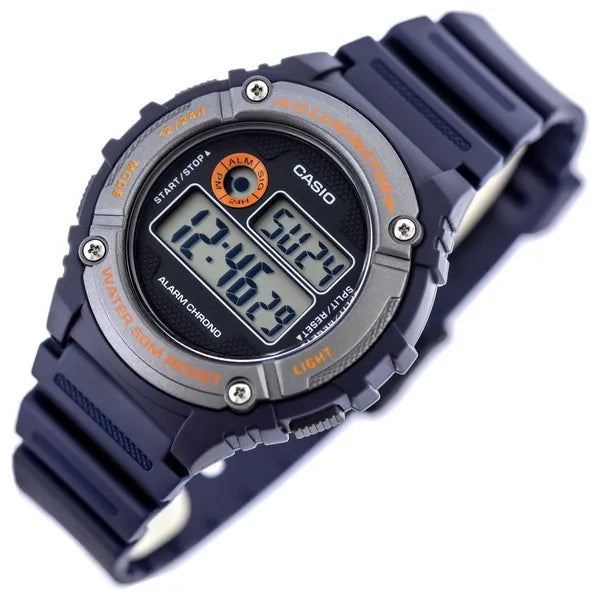 Casio W-216H-2BVDF férfi digitális karóra, sötétkék, WR50, dobozzal