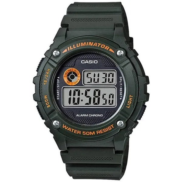 Casio W-216H-3B férfi digitális karóra, zöld, WR50, díszdoboz