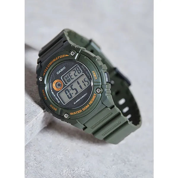 Casio W-216H-3B férfi digitális karóra, zöld, WR50, díszdoboz