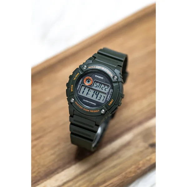 Casio W-216H-3B férfi digitális karóra, zöld, WR50, díszdoboz