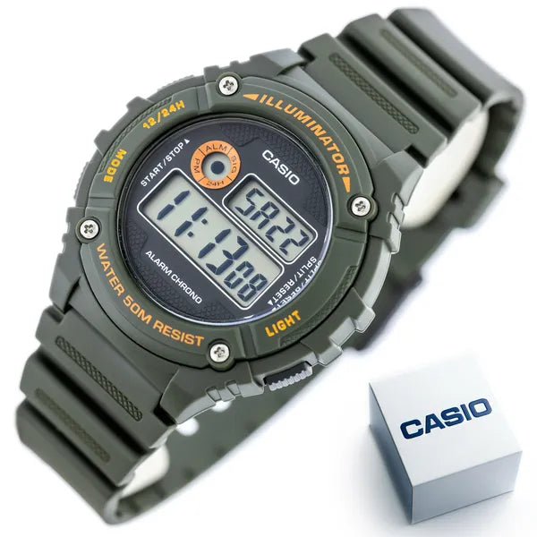 Casio W-216H-3B férfi digitális karóra, zöld, WR50, díszdoboz