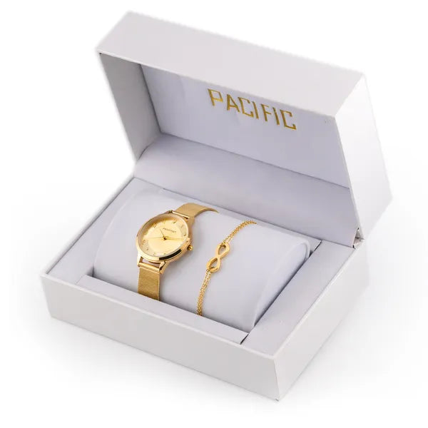 Női ajándékszett: aranyszínű rozsdamentes acél óra (36 mm) + karkötő, WR30
