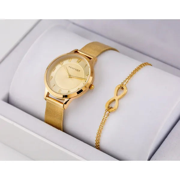 Női ajándékszett: aranyszínű rozsdamentes acél óra (36 mm) + karkötő, WR30
