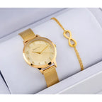 Női ajándékszett: aranyszínű rozsdamentes acél óra (36 mm) + karkötő, WR30