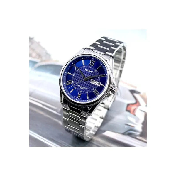 Casio MTP-1384D-2A férfi karóra, kék számlap, acél szíj, WR100, 41 mm
