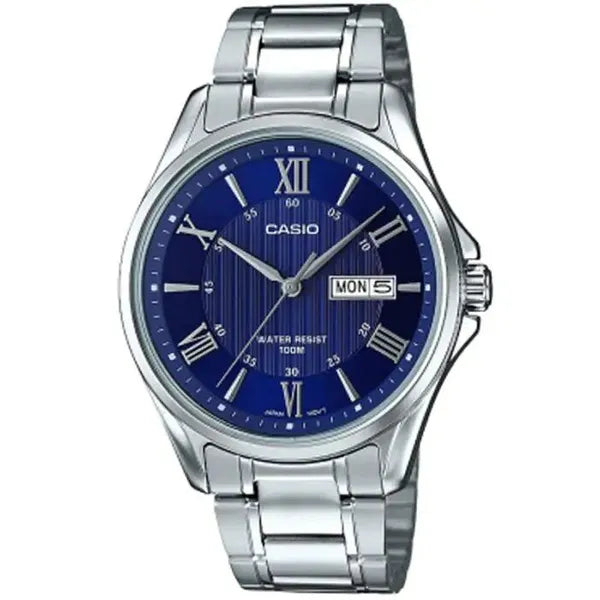 Casio MTP-1384D-2A férfi karóra, kék számlap, acél szíj, WR100, 41 mm