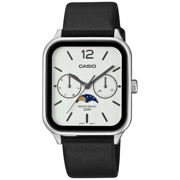 Casio MTP-M305L-7AV férfi karóra, bőrszíj, fehér számlap, holdfázis, WR50