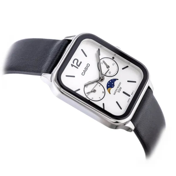 Casio MTP-M305L-7AV férfi karóra, bőrszíj, fehér számlap, holdfázis, WR50