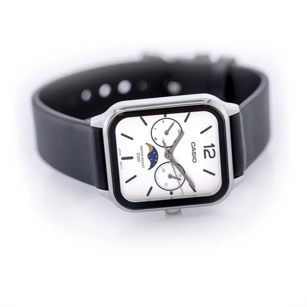 Casio MTP-M305L-7AV férfi karóra, bőrszíj, fehér számlap, holdfázis, WR50