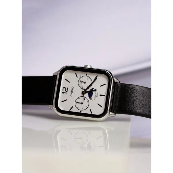 Casio MTP-M305L-7AV férfi karóra, bőrszíj, fehér számlap, holdfázis, WR50