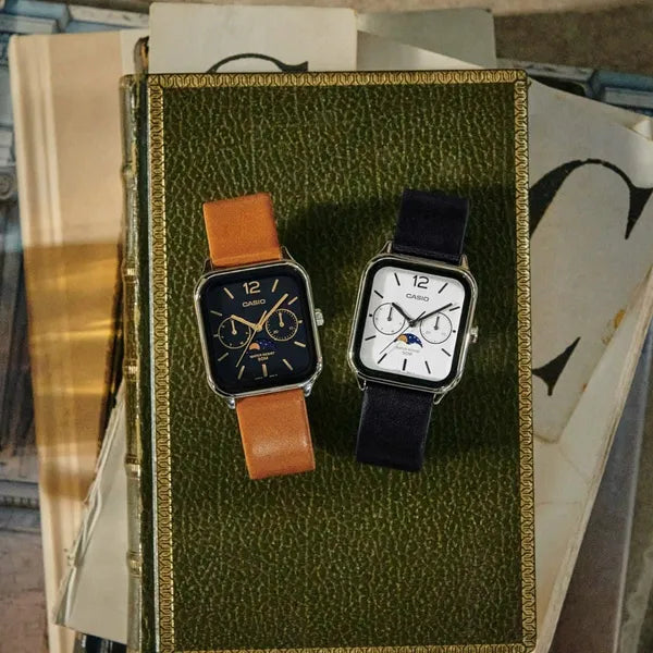 Casio MTP-M305L-7AV férfi karóra, bőrszíj, fehér számlap, holdfázis, WR50