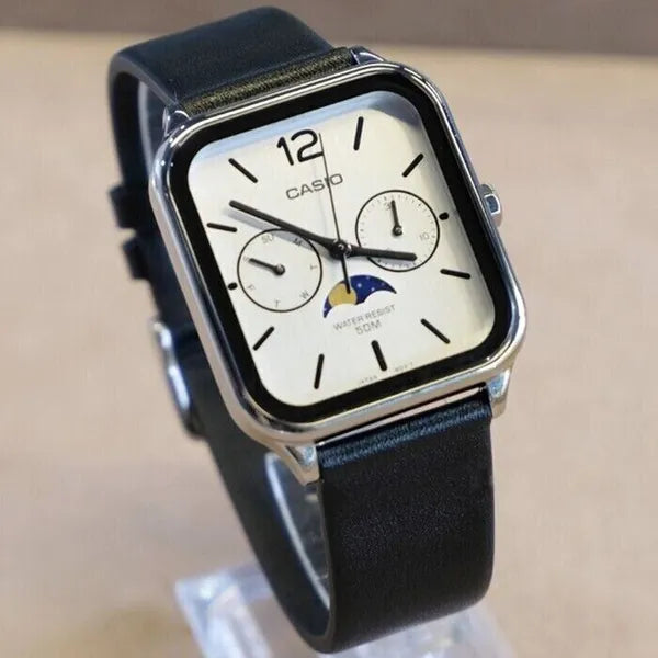 Casio MTP-M305L-7AV férfi karóra, bőrszíj, fehér számlap, holdfázis, WR50
