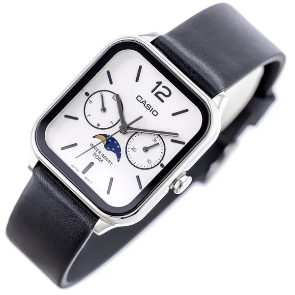 Casio MTP-M305L-7AV férfi karóra, bőrszíj, fehér számlap, holdfázis, WR50