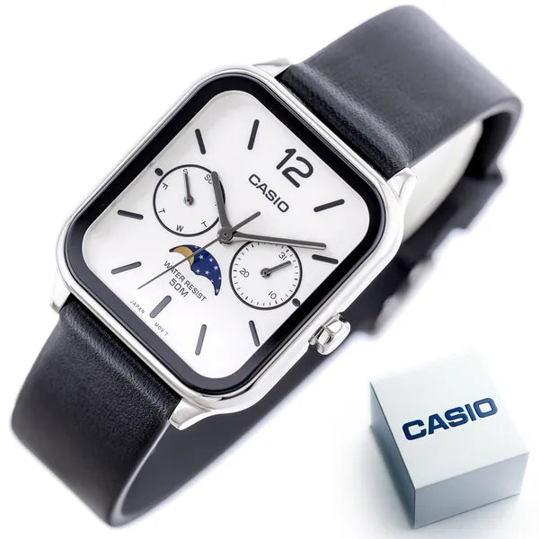 Casio MTP-M305L-7AV férfi karóra, bőrszíj, fehér számlap, holdfázis, WR50