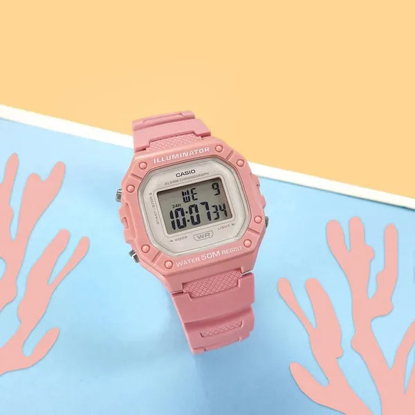 Casio W-218HC-4A uniszex digitális karóra, rózsaszín, WR50, LED, stopper