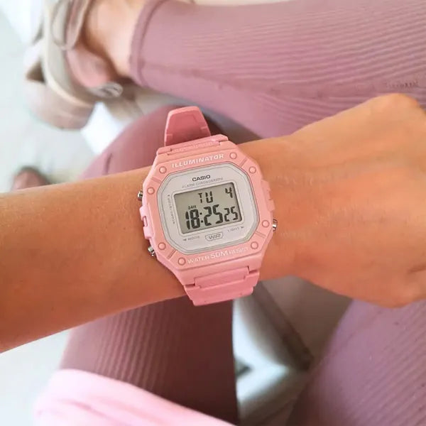 Casio W-218HC-4A uniszex digitális karóra, rózsaszín, WR50, LED, stopper