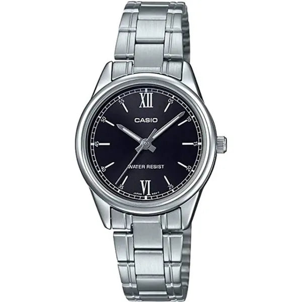Casio LTP-V005D-1B2 női karóra, fekete számlap, acél szíj, dátum, 28 mm