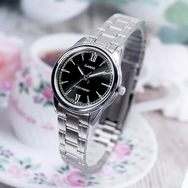 Casio LTP-V005D-1B2 női karóra, fekete számlap, acél szíj, dátum, 28 mm