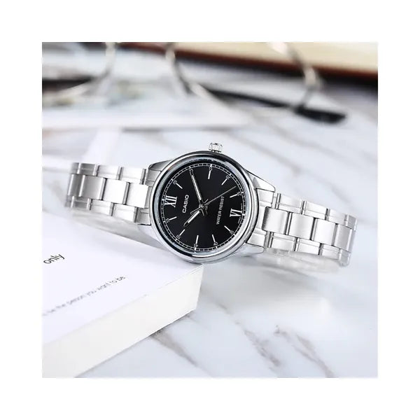 Casio LTP-V005D-1B2 női karóra, fekete számlap, acél szíj, dátum, 28 mm