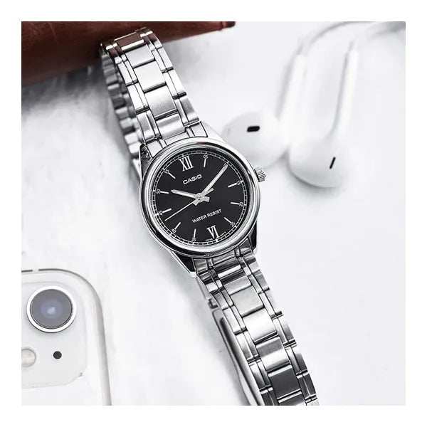Casio LTP-V005D-1B2 női karóra, fekete számlap, acél szíj, dátum, 28 mm
