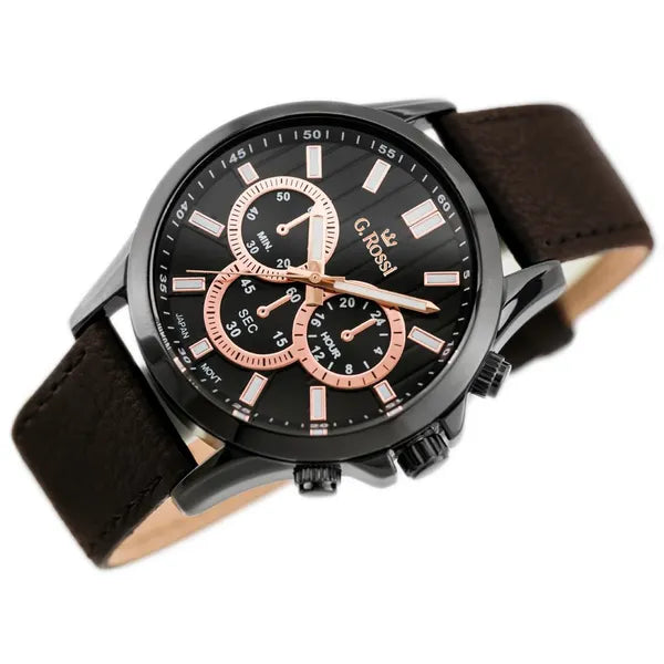 G. Rossi Choopard férfi karóra, 44 mm, kvarc, barna bőr szíj, fekete számlap