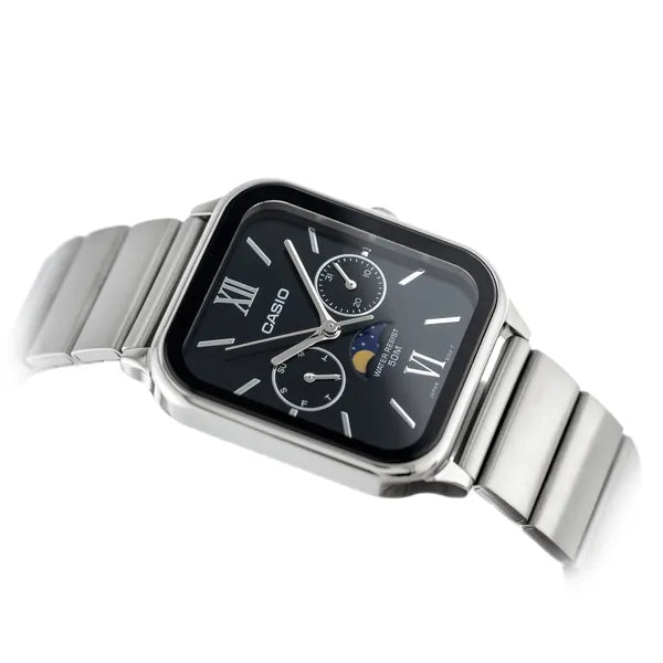 Casio MTP-M305D-1A2 férfi karóra, acél szíj, fekete számlap, WR50, holdfázis