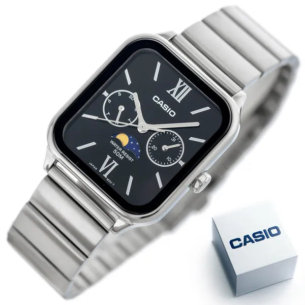 Casio MTP-M305D-1A2 férfi karóra, acél szíj, fekete számlap, WR50, holdfázis