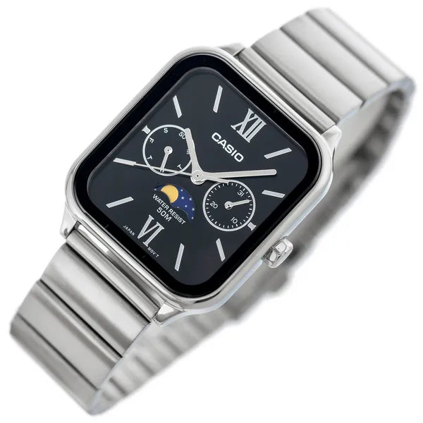 Casio MTP-M305D-1A2 férfi karóra, acél szíj, fekete számlap, WR50, holdfázis
