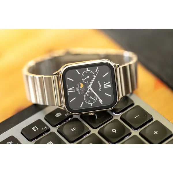 Casio MTP-M305D-1A2 férfi karóra, acél szíj, fekete számlap, WR50, holdfázis